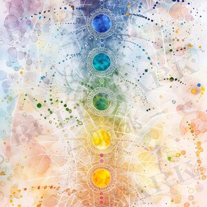 May include: A watercolor painting of seven chakras, each represented by a circle with a different color. The chakras are arranged vertically, with the root chakra at the bottom and the crown chakra at the top. The background is a light blue and white watercolor wash with white lines and dots.
