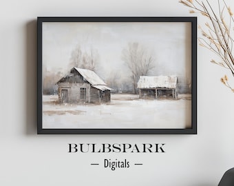 Small Cabins - Winter Times | Vintage Style - Oil Painting Art | Printable Digital Download - Winter Landscape Print | Canadian Prairies