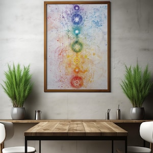 Pu&ograve; includere: Un dipinto ad acquerello incorniciato dei sette chakra, con ogni chakra rappresentato da un cerchio colorato. Lo sfondo &egrave; una tela bianca con schizzi di colore.