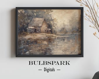 Cold Peaceful River - Winter Times | Minimalistic Oil Painting Print | Instant Download - Winter Landscape Digital Art | Bulbspark Digitals