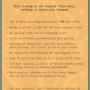 May include: A digital listing advertisement with the text "GENERAL INFO" at the top. The text describes the digital files, including high-resolution JPEGs, ready to print in various sizes, and accessible immediately. The listing is from BULBSPARK.