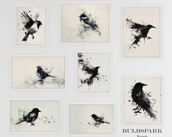 Set of 8 Black Bird Silhouettes - Minimalist Ink Watercolor | Abstract Prints - 300 DPI JPEGs Pack | Minimalistic Wall Art: Bird Printables