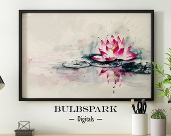 Rebirth Lotus - Minimalistic Ink Watercolor Print - Dark Gray & Pink | 300 DPI Printable - Peaceful Nature Wall Art | Enlightenment - Purity