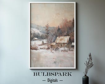 Canadian Winter Cabins - Winter Times | Warm Oil Painting Art - 300 DPI Printable | Digital Download Ready To Print Art - Winter Landscape