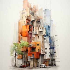 May include: Watercolor architectural illustration of a multi-story building with a complex, geometric design. The building features orange, white, and blue sections, with balconies and windows. A tree and cars are in the foreground.
