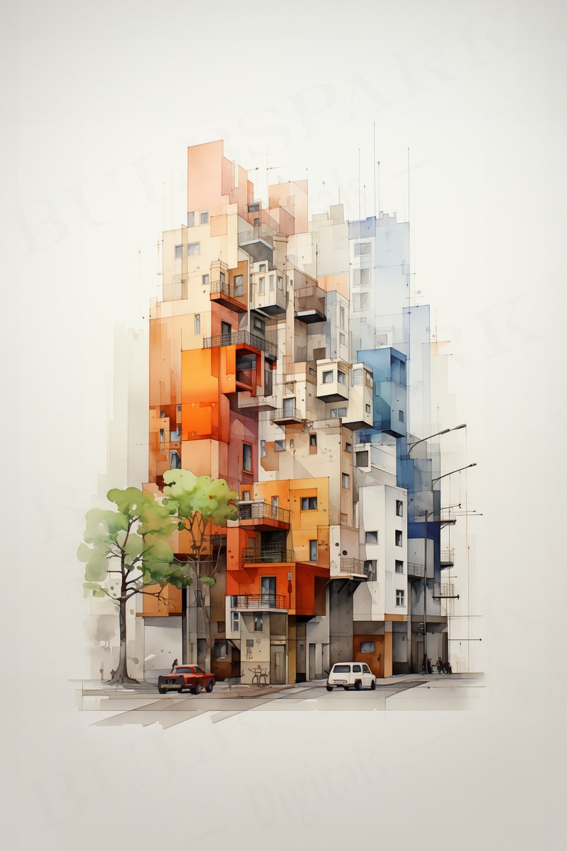 May include: Watercolor architectural illustration of a multi-story building with a complex, geometric design. The building features orange, white, and blue sections, with balconies and windows. A tree and cars are in the foreground.