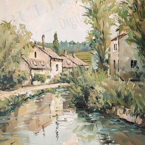 May include: A painting of a small village with houses along a river. The houses are painted in shades of beige and brown, with green trees and bushes surrounding them. The river is a light blue-green color, reflecting the sky and clouds above.