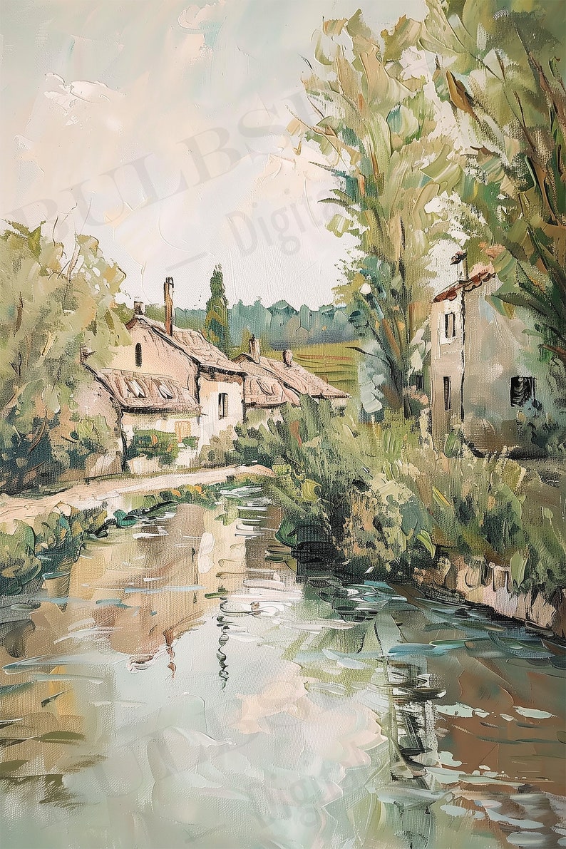 May include: A painting of a small village with houses along a river. The houses are painted in shades of beige and brown, with green trees and bushes surrounding them. The river is a light blue-green color, reflecting the sky and clouds above.