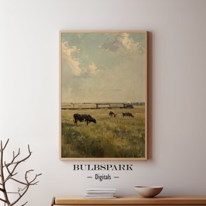 Peut inclure: Une peinture représentant un train traversant un champ herbeux avec des vaches broutant au premier plan. Le ciel est bleu clair avec des nuages blancs moelleux. Le train est de couleur brun foncé avec des rayures blanches. Les vaches sont noires et blanches.