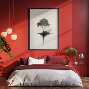May include: A red bedroom with a white bed, a large window, and a framed print of a tree on a white background. There are three round pendant lights hanging from the ceiling and a potted plant in the corner.