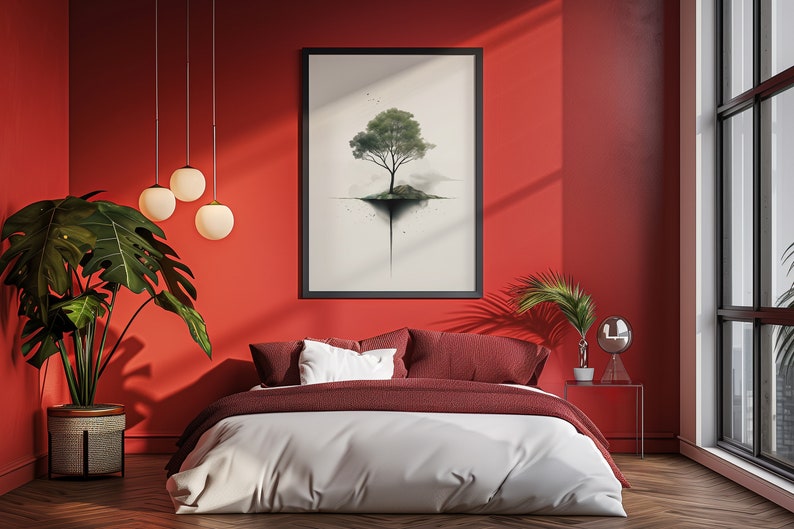 May include: A red bedroom with a white bed, a large window, and a framed print of a tree on a white background. There are three round pendant lights hanging from the ceiling and a potted plant in the corner.