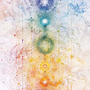 Pu&ograve; includere: Un dipinto ad acquerello di sette chakra, ognuno rappresentato da un colore e un design di mandala diverso. I chakra sono disposti verticalmente, con il chakra radice in basso e il chakra corona in alto. Lo sfondo &egrave; un lavaggio ad acquerello bianco con schizzi di colore.