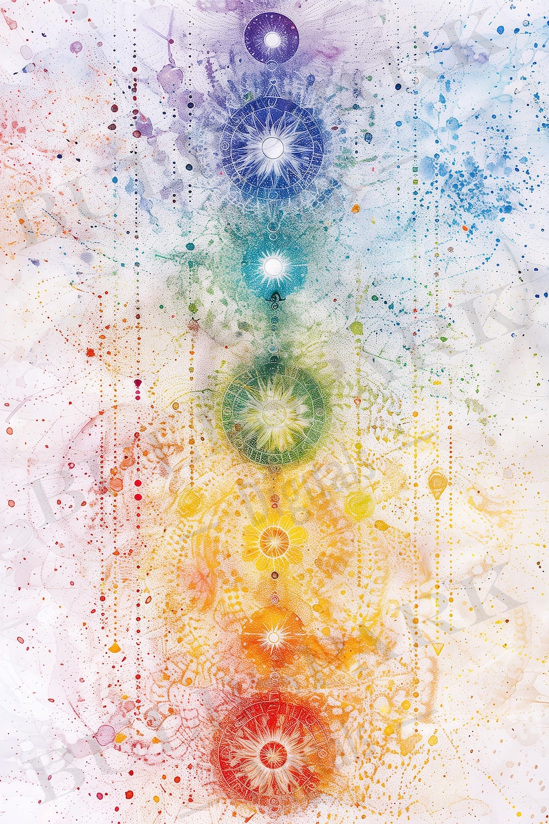 Pu&ograve; includere: Un dipinto ad acquerello di sette chakra, ognuno rappresentato da un colore e un design di mandala diverso. I chakra sono disposti verticalmente, con il chakra radice in basso e il chakra corona in alto. Lo sfondo &egrave; un lavaggio ad acquerello bianco con schizzi di colore.