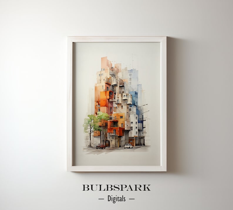 May include: A framed watercolor print of a colorful building cluster. The artwork features a mix of orange, blue, and white buildings with a tree and cars in the foreground. The text "BULBSPAR - Digitals" is at the bottom.
