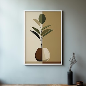 Op de afbeelding: Een ingelijste print van een gestileerde groene plant in een bruine en witte vaas tegen een beige achtergrond.