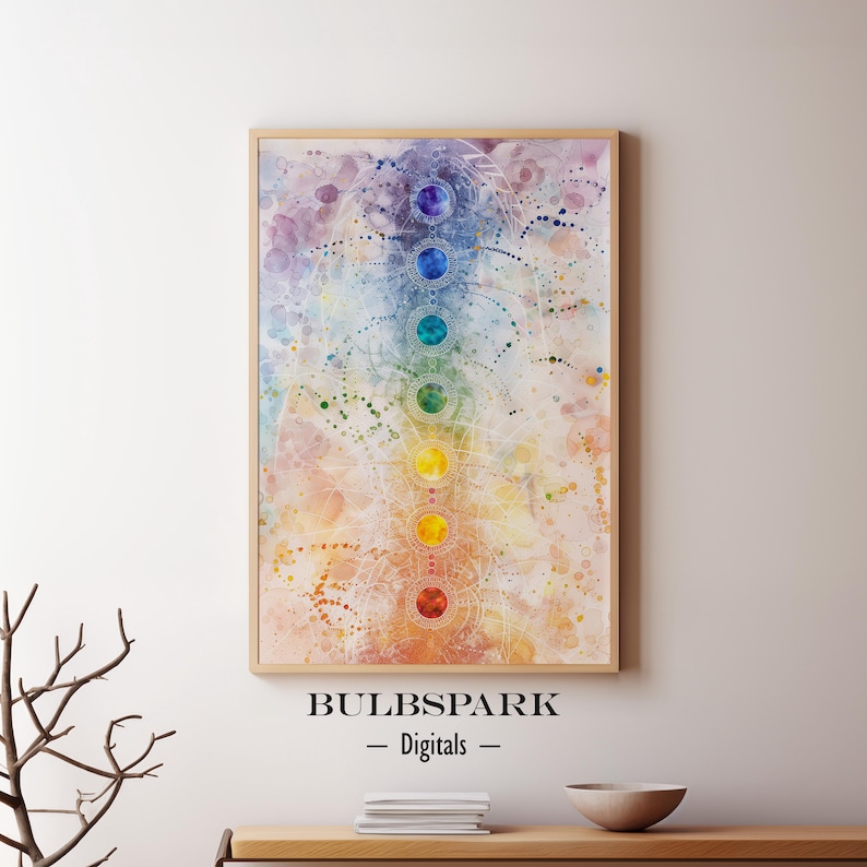 May include: A watercolor painting of the seven chakras, with each chakra represented by a different color circle. The chakras are arranged vertically in a line, with the root chakra at the bottom and the crown chakra at the top. The painting is set against a white background with a light brown frame.