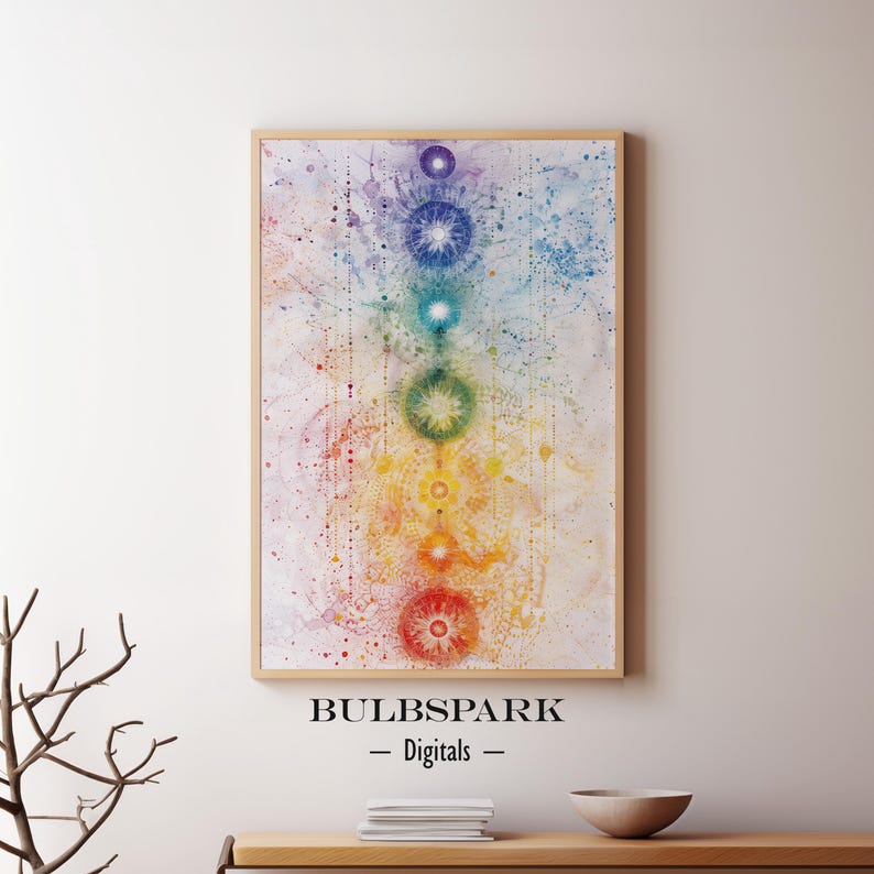 Pu&ograve; includere: Un dipinto ad acquerello dei sette chakra, con ogni chakra rappresentato da un colore diverso. I chakra sono disposti verticalmente, con il chakra radice in basso e il chakra corona in alto. Il dipinto &egrave; su uno sfondo bianco con una velatura ad acquerello blu chiaro, viola e giallo.