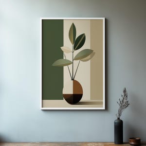 May include: A framed print of a stylized illustration of a plant with green leaves in a brown and white vase against a green and beige background.