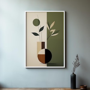 May include: Abstract art print featuring a vase with two stylized plants in shades of green, brown, and cream against a green and cream background.
