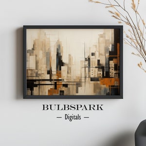 Pode incluir: Pintura abstrata de paisagem urbana em tons de marrom, preto e branco. A pintura é emoldurada em uma moldura preta e está pendurada em uma parede branca.