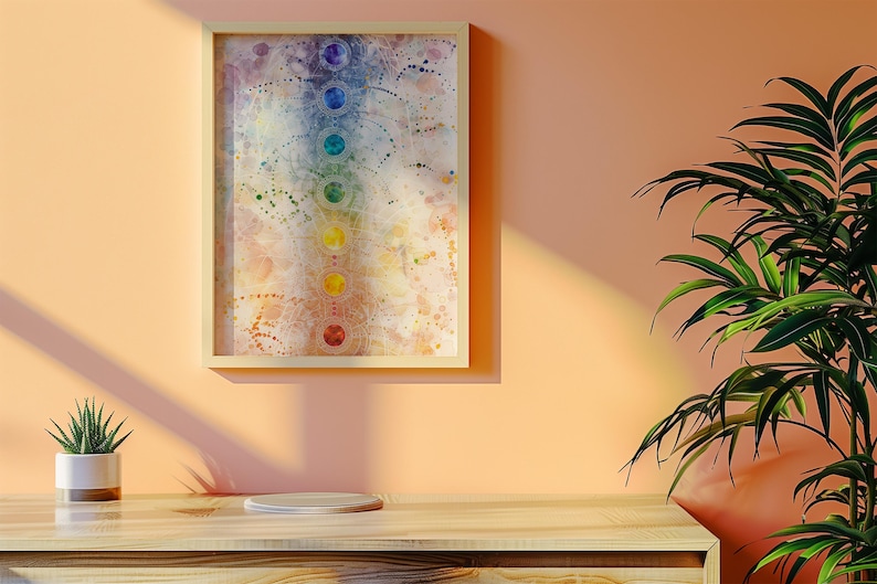 May include: A framed watercolor painting of a chakra system with seven colored circles representing the seven chakras. The painting is on a light peach wall with a potted succulent plant and a wooden table in the foreground.