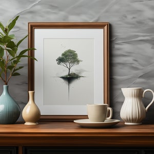 May include: A framed watercolor painting of a tree with a brown wooden frame. The tree is green and has a brown trunk. The tree is surrounded by a white background. The painting is sitting on a wooden table with two vases and a pitcher.