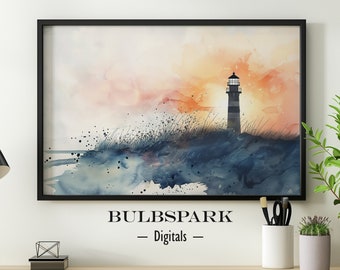 Lighthouse Sunset - Minimalist Ink Watercolor | Digital Ink Art - Beach & Nautical | Printable Wall Art - 300 DPI Prints | BulbsparkDigitals