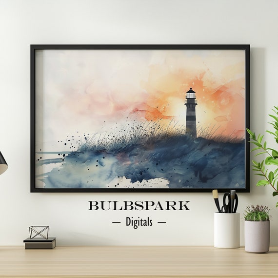 Lighthouse Sunset - Minimalist Ink Watercolor | Digital Ink Art - Beach & Nautical | Printable Wall Art - 300 DPI Prints | BulbsparkDigitals