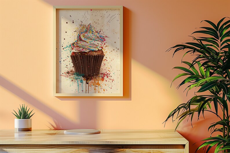 May include: A framed watercolour painting of a chocolate cupcake with white frosting and colourful sprinkles. The cupcake is surrounded by colourful paint splatters.