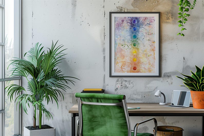 May include: A framed watercolor painting of a chakra chart with seven colored circles representing the seven chakras. The painting is hanging on a white wall with a green plant in a white pot in the foreground.