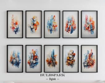 Set of 10 Deconstruct Urban Cityscapes - Abstract Watercolor - Different Complexities | 300 DPI Images - Instant Printables | Minimalist Art