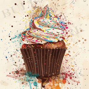 May include: A colourful cupcake with white frosting and sprinkles, dripping with chocolate icing. The cupcake is surrounded by colourful paint splatters on a beige background.