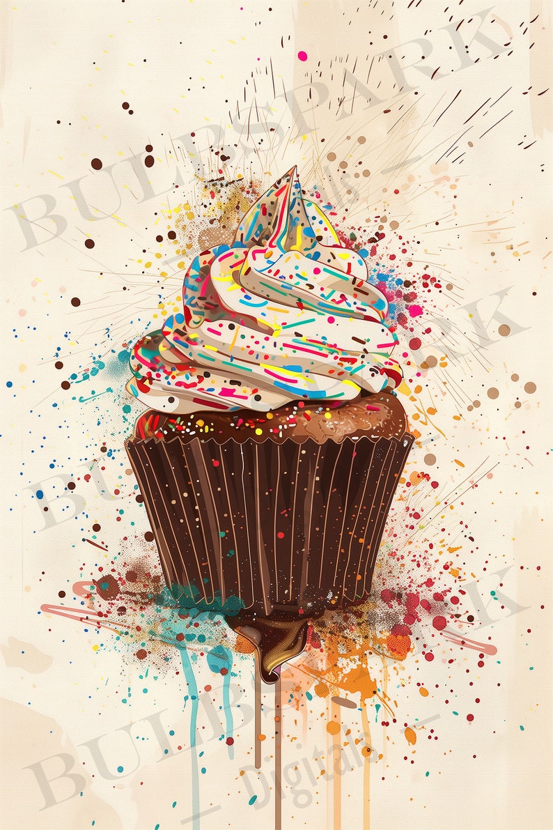 May include: A colourful cupcake with white frosting and sprinkles, dripping with chocolate icing. The cupcake is surrounded by colourful paint splatters on a beige background.