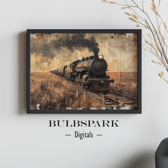 Powerful Steam Train | Vintage Western Style Oil Painting | Rustic Landscape - Country Decor | 300 DPI - PRINTABLE ART | Antique Train Print