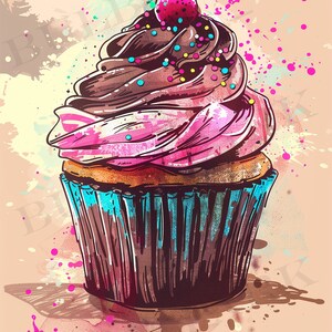 May include: A colourful cupcake with pink and brown icing, topped with a cherry and sprinkles. The cupcake is sitting on a light brown background with pink and blue paint splatters.