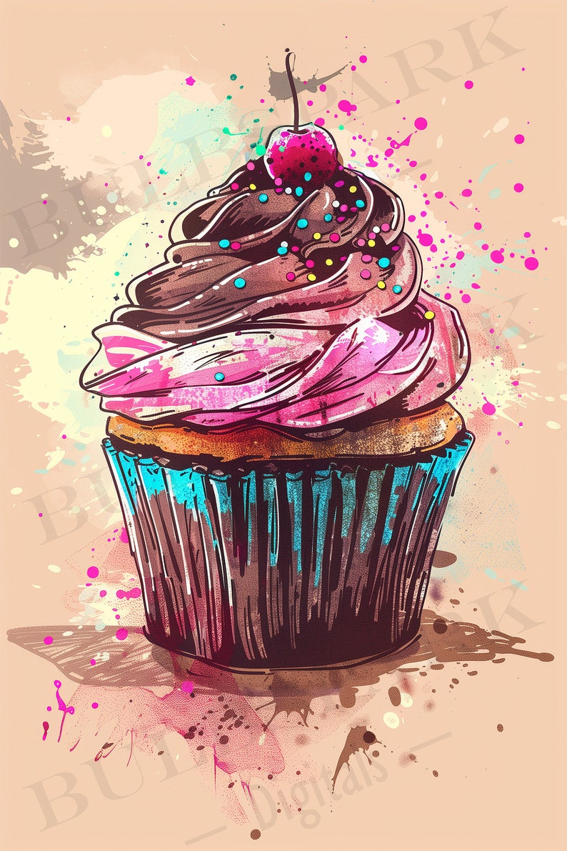 May include: A colourful cupcake with pink and brown icing, topped with a cherry and sprinkles. The cupcake is sitting on a light brown background with pink and blue paint splatters.