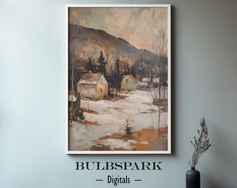 Rustic Canadian Village - Winter Times | Warm Oil Painting Art - 300 DPI Printable | Digital Download Ready To Print Art - Winter Landscape