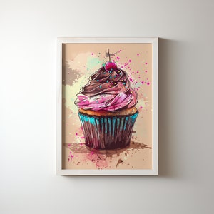 May include: A watercolour illustration of a cupcake with pink and brown icing, topped with a red cherry and colourful sprinkles. The cupcake is in a blue and white paper case and is set against a light brown background with watercolour splatters.
