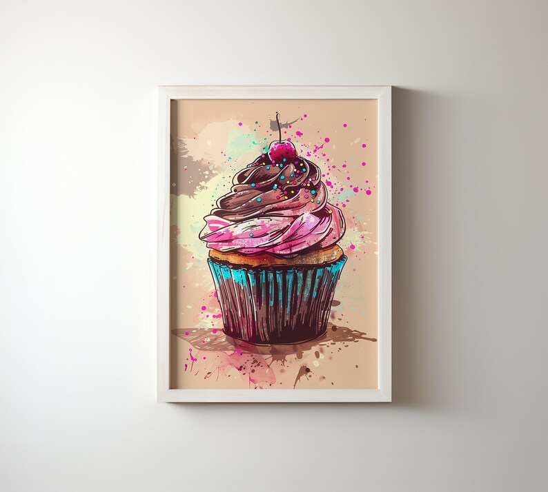 May include: A watercolour illustration of a cupcake with pink and brown icing, topped with a red cherry and colourful sprinkles. The cupcake is in a blue and white paper case and is set against a light brown background with watercolour splatters.