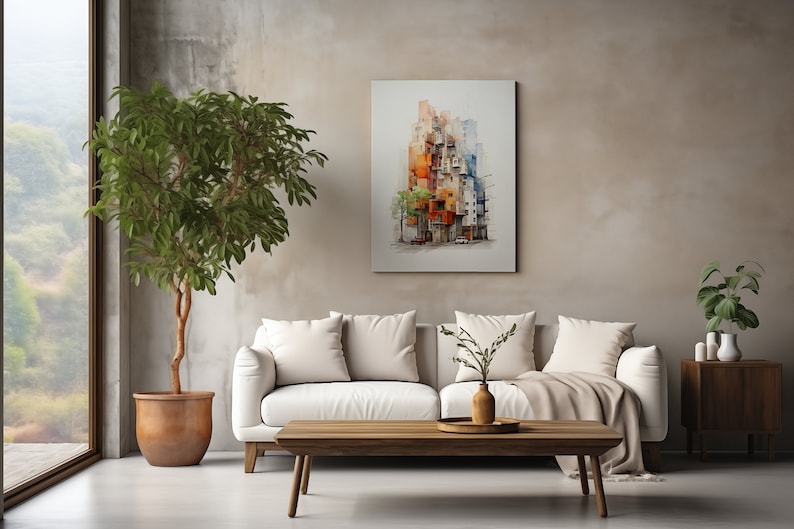 May include: A living room scene featuring a white sofa with cream-colored pillows, a wooden coffee table, and a large potted tree. A colorful abstract painting hangs on the wall. The room has a neutral color palette.