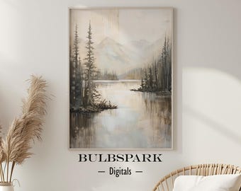 Peaceful Lake - Landscape & Scenery | Oil Painting Print - 300 DPI Quality - Wall Art | Lake - Peaceful Water - Gray Nature - Minimalistic