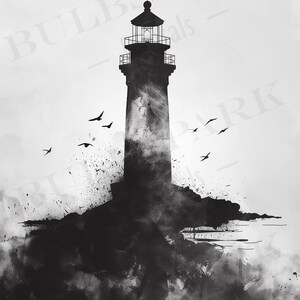 Puede incluir: Una silueta en blanco y negro de un faro de pie en una costa rocosa con un fondo brumoso. Varias aves vuelan en el cielo sobre el faro.