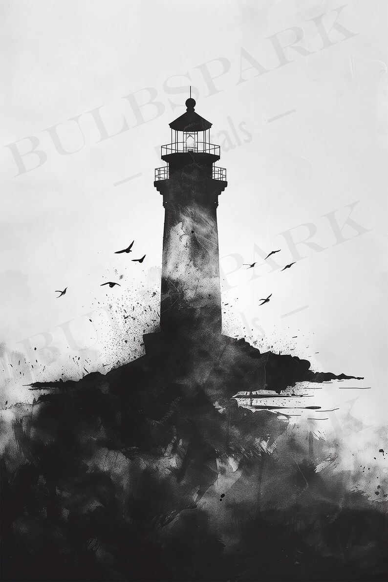 Puede incluir: Una silueta en blanco y negro de un faro de pie en una costa rocosa con un fondo brumoso. Varias aves vuelan en el cielo sobre el faro.