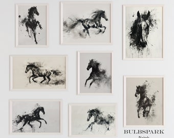 Set of 8 Black Horse Silhouettes - Minimalist Ink Watercolor | Abstract Prints - 300 DPI JPEGs | Black Ink Wall Art Pack: Horse Printables