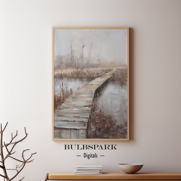 Bog Bridge Over the Pond | Vertical Wall Art | Minimalist Rustic Oil Painting | 300 DPI JPGs | Printable | Bulbspark Digitals