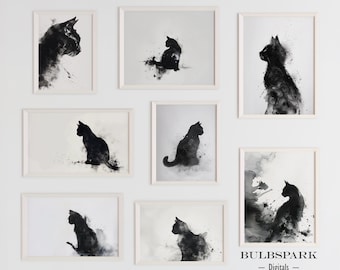Set of 8 Black Cat Silhouettes - Minimalist Ink Watercolor | Abstract Prints - Pack of 300 DPI JPEGs | Minimalistic Wall Art: Cat Printables