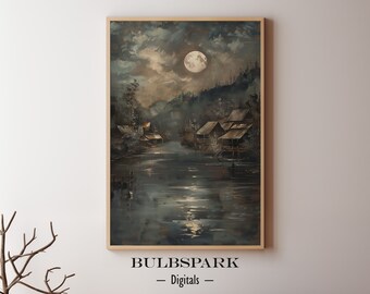 River Village Under the Moon | Downloadable Oil Painting - House, Town & Village | High Quality 300 DPI Prints - Digital Wall Art