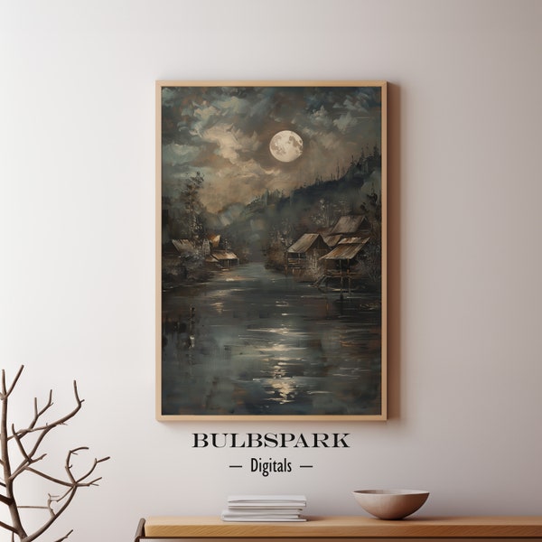 River Village Under the Moon | Downloadable Oil Painting - House, Town & Village | High Quality 300 DPI Prints - Digital Wall Art