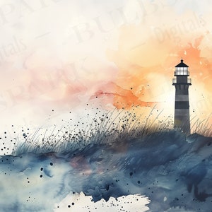 Puede incluir: Una pintura de acuarela de un faro que se alza sobre un acantilado cubierto de hierba con una puesta de sol en el fondo. El cielo es una mezcla de naranja, rosa y azul.