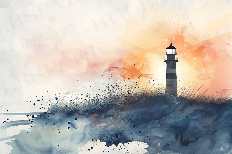 Puede incluir: Una pintura de acuarela de un faro que se alza sobre un acantilado cubierto de hierba con una puesta de sol en el fondo. El cielo es una mezcla de naranja, rosa y azul.
